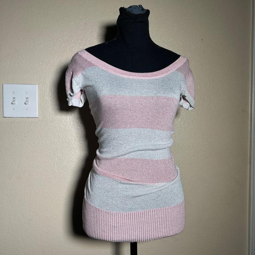 rue21 Y2K Pink Silver Striped Knit Off Shoulder Top Size M Vintage 2000s